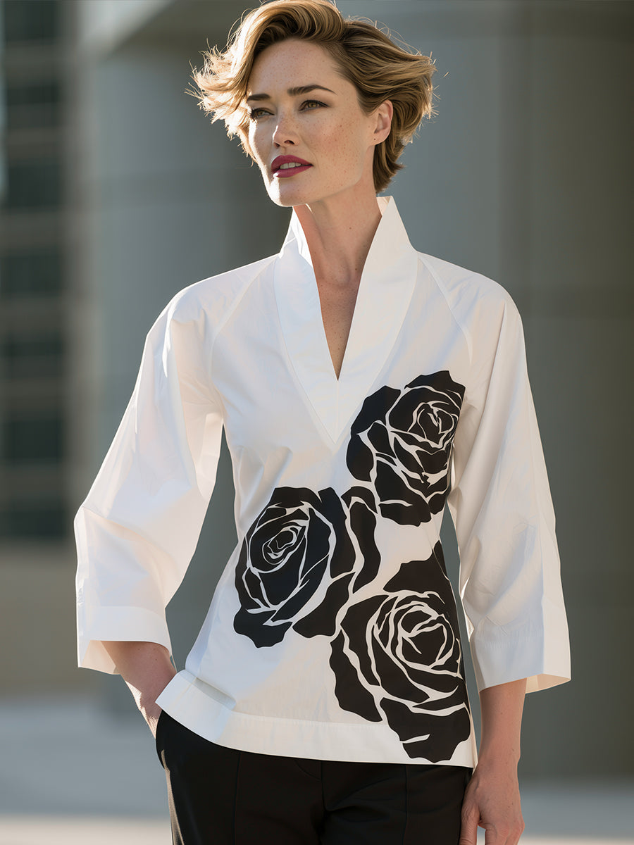 Rose Floral Print V-Neck Blouse