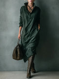 Green Loose Suede Lapel Long Sleeve Midi Dress