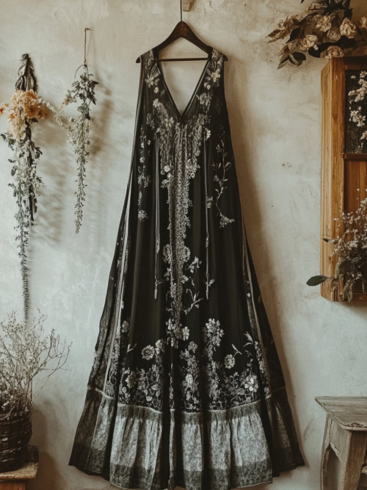 Boho Floral Embroidered Pattern Lace Linen Dress