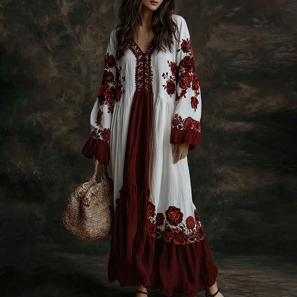 Women's Floral Art Print Flowy Linen Blend Casual Long Sleeve Maxi Dress