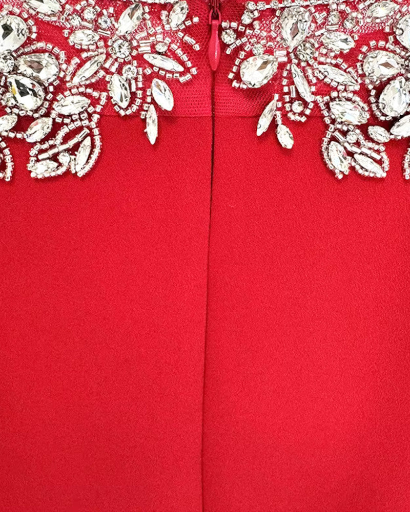 Long Sleeve Crystal Shoulder Midi Dress Red