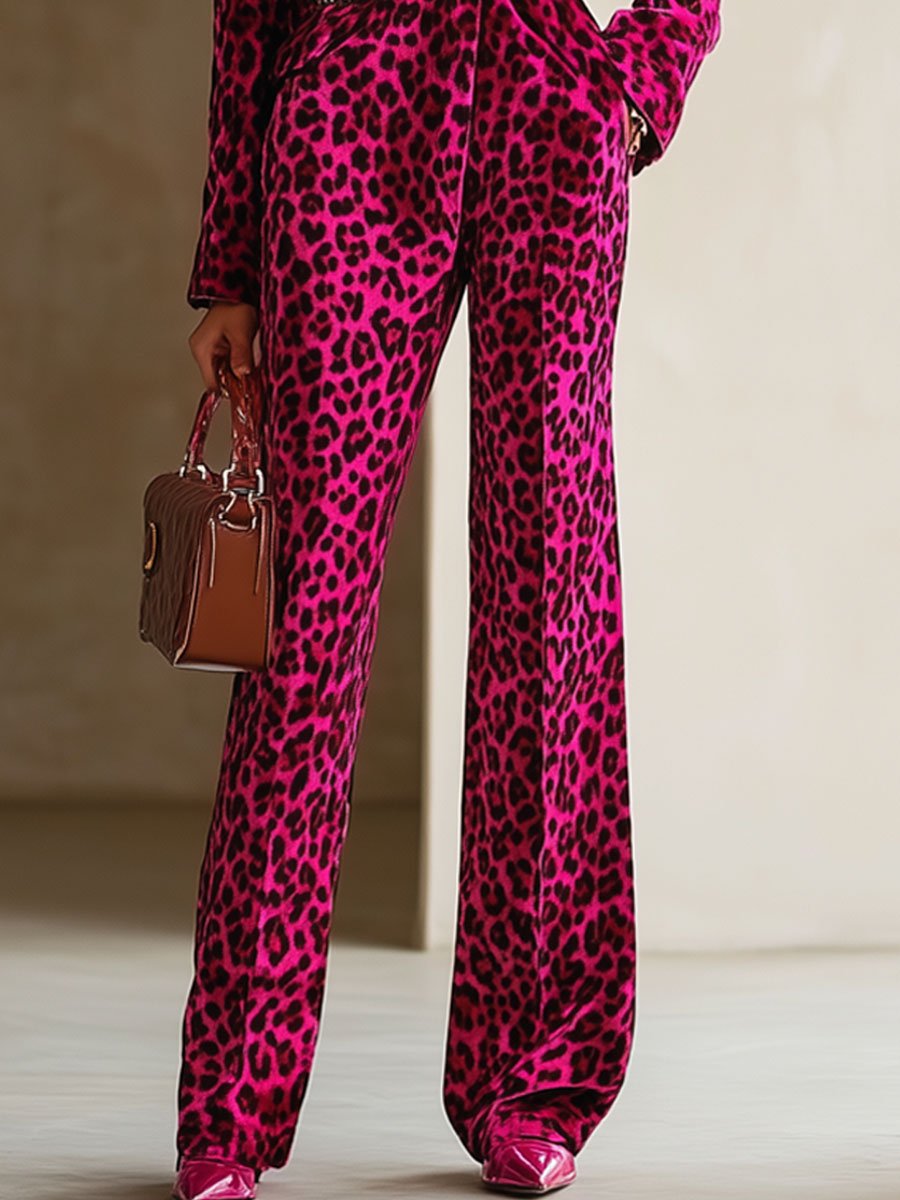 [24-hour shipping out]Casual Loose Retro Velvet Leopard Print Lapel Long Sleeve Jumpsuit