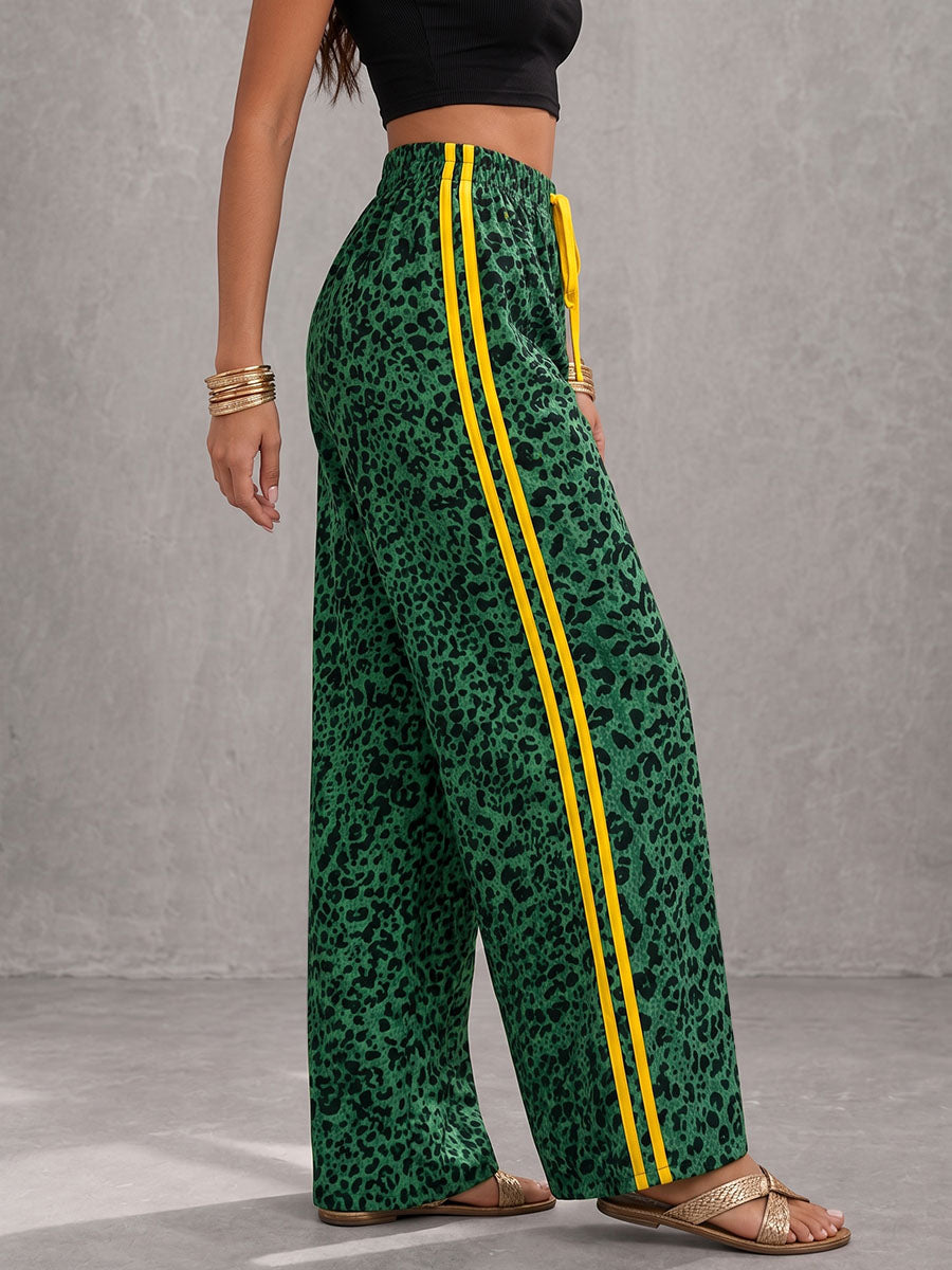 Striped Pockets Leopard Elasticity Drawstring Contrast Color Wide Leg Loose Trousers Pants