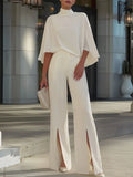 Cape-Sleeve High-Neck Blouse & Slit Wide-Leg Trousers Set