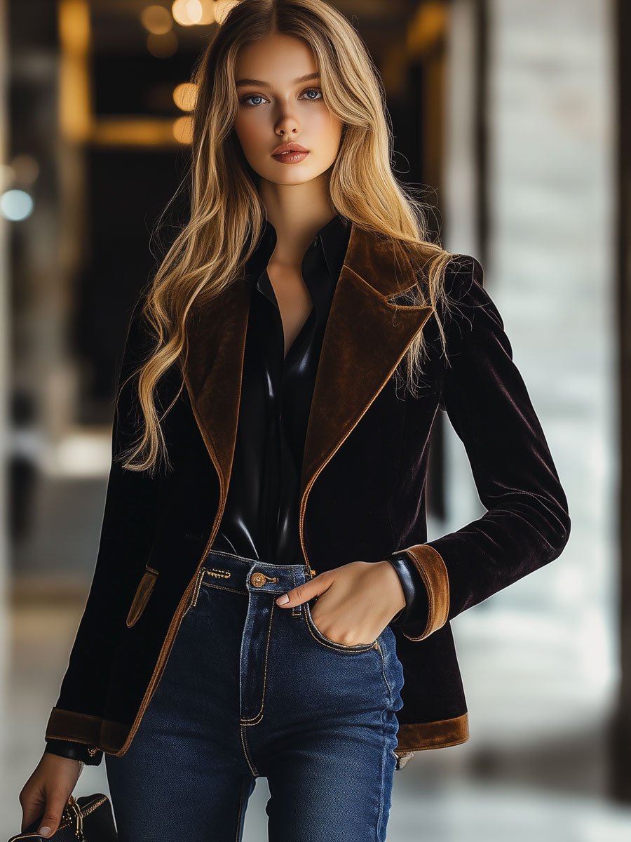 [24-hour shipping out]Casual Loose Vintage Velvet Colorblock Lapel Pocket Blazer