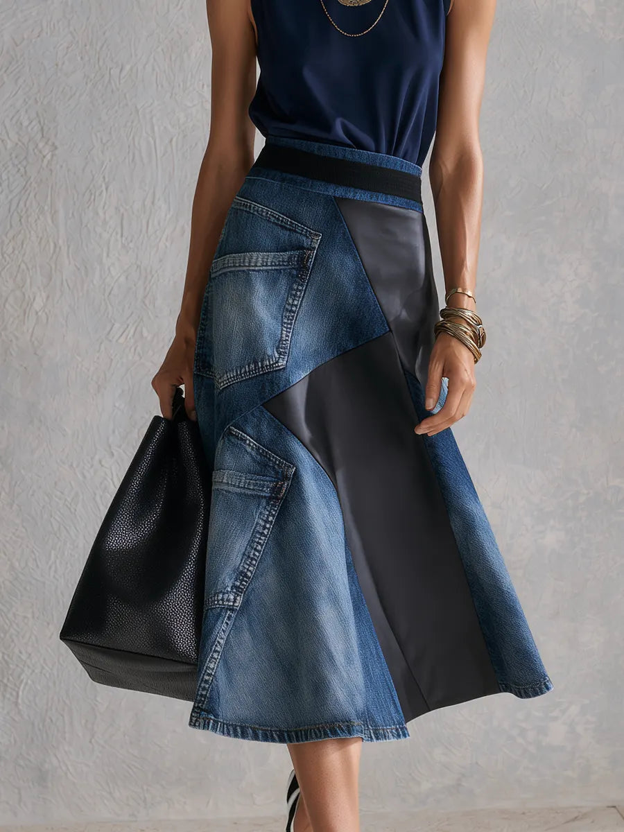 Modern Blue Top  Asymmetrical Denim Patchwork Skirt Set