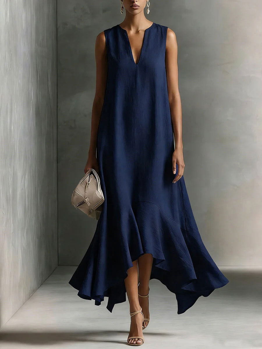 Women's Cotton-linen Deep V-neck And Asymmetrical Hem Elegant Slimming Sleeveless Dress