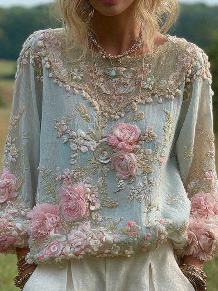 Women's Floral Embroidered Round Neck Comfortable Top