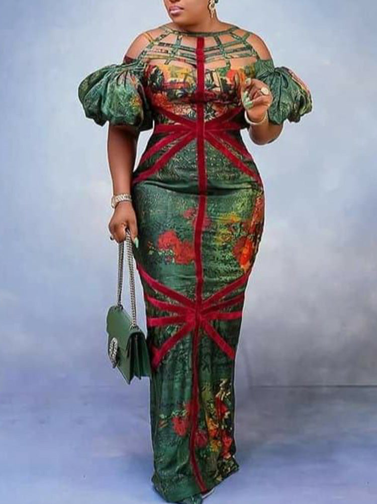 Fashion Puff Short Sleeve Hollow Split-Joint Floral Printed Maxi Dress