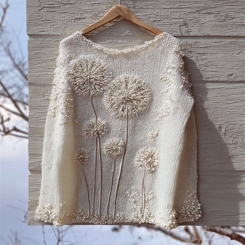 Vintage Dandelion Beaded Embroidered Cozy Knit Sweater