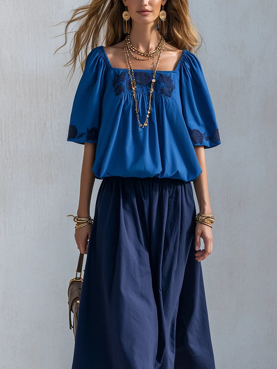 Bohemian Cotton Linen Blue Color-blocked Skirt Suit