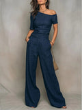 Women's Linen One-shoulder Jumpsuit With Wide-leg Pants