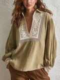 Elegant Khaki Lace Panel Blouse