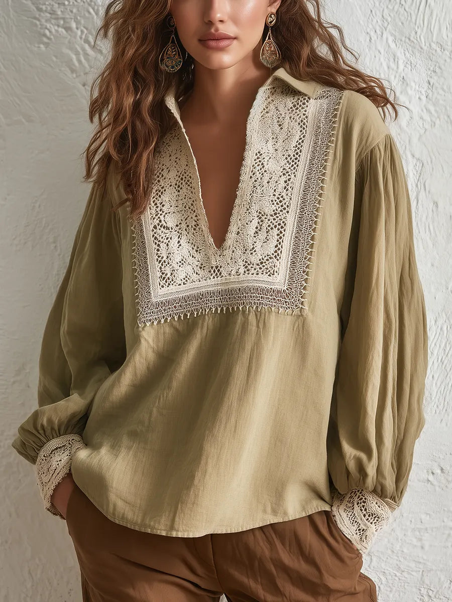 Elegant Khaki Lace Panel Blouse
