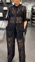 Black Lace Lapel Striped 2 Piece Set