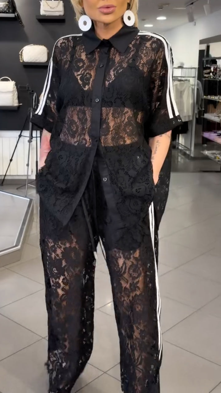Black Lace Lapel Striped 2 Piece Set