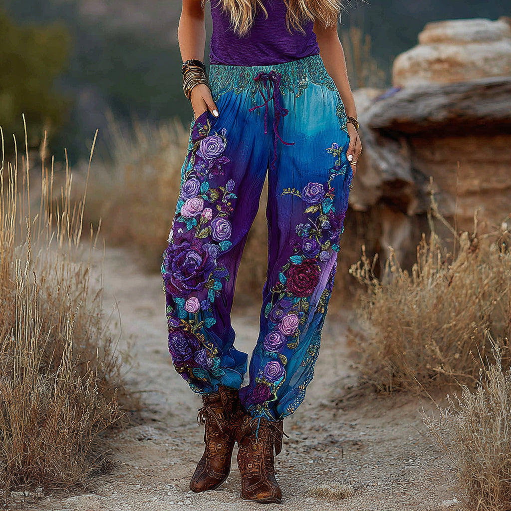 Classy Vintage Purple And Blue Lavender Patchwork And Floral Embroidered Art Gradient Linen Pants