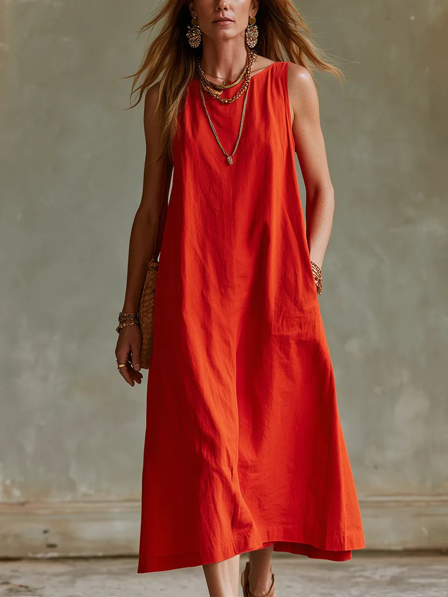Bohemian Cotton Linen Red Maxi Dress