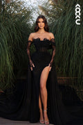 L2496 - Sexy & Charming Off-Shoulder Long Sleeves A-Line High Side Slit Lace Applique Formal Party Prom Dress