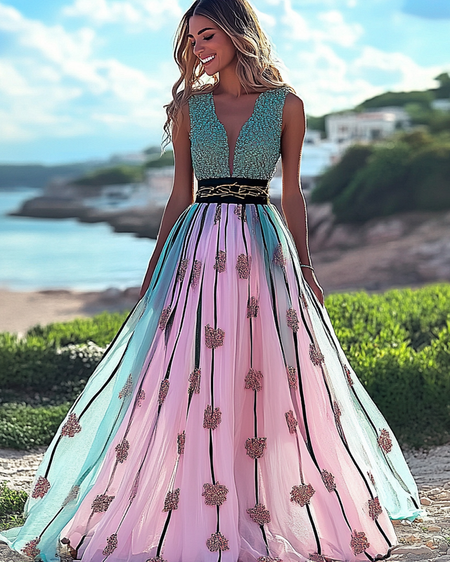 Summer vacation color block elegant dress 0479