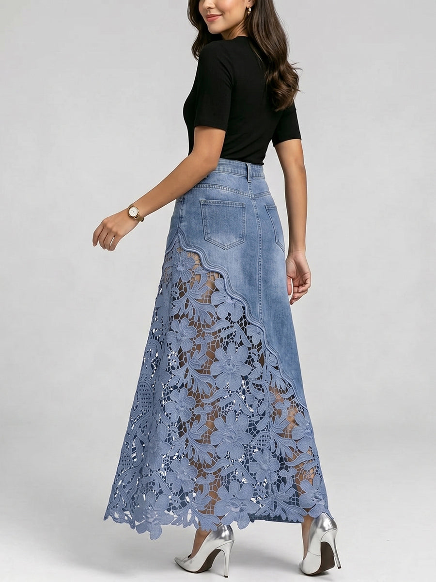 Stylish & Sexy Lace-paneled Cutout Denim Skirtv