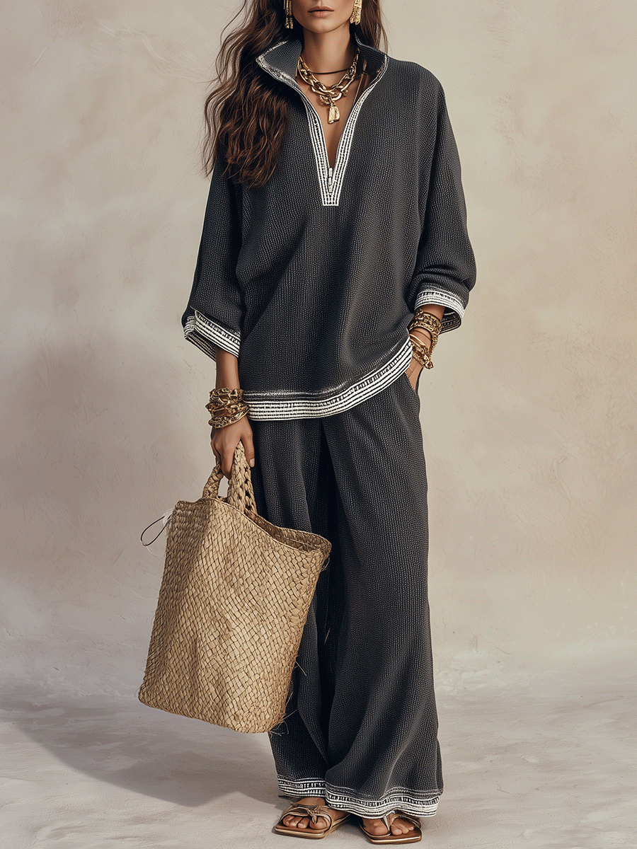Women's Textured V-Neck Half-Zip Top and Wide-Leg Pants Two-Piece Set