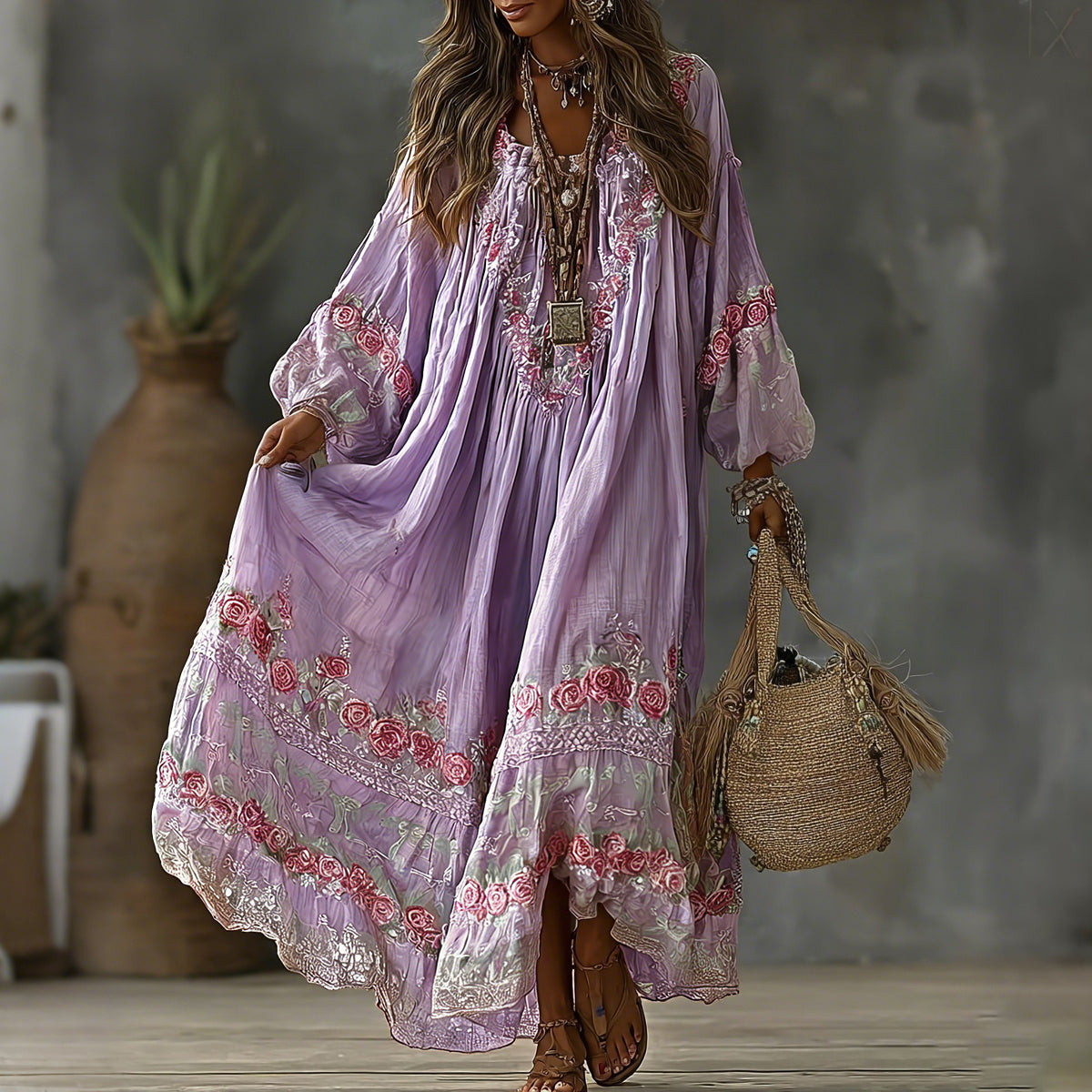 Women's Vintage Floral Art Print Flowy Linen Blend Casual Long Sleeve Maxi Dress