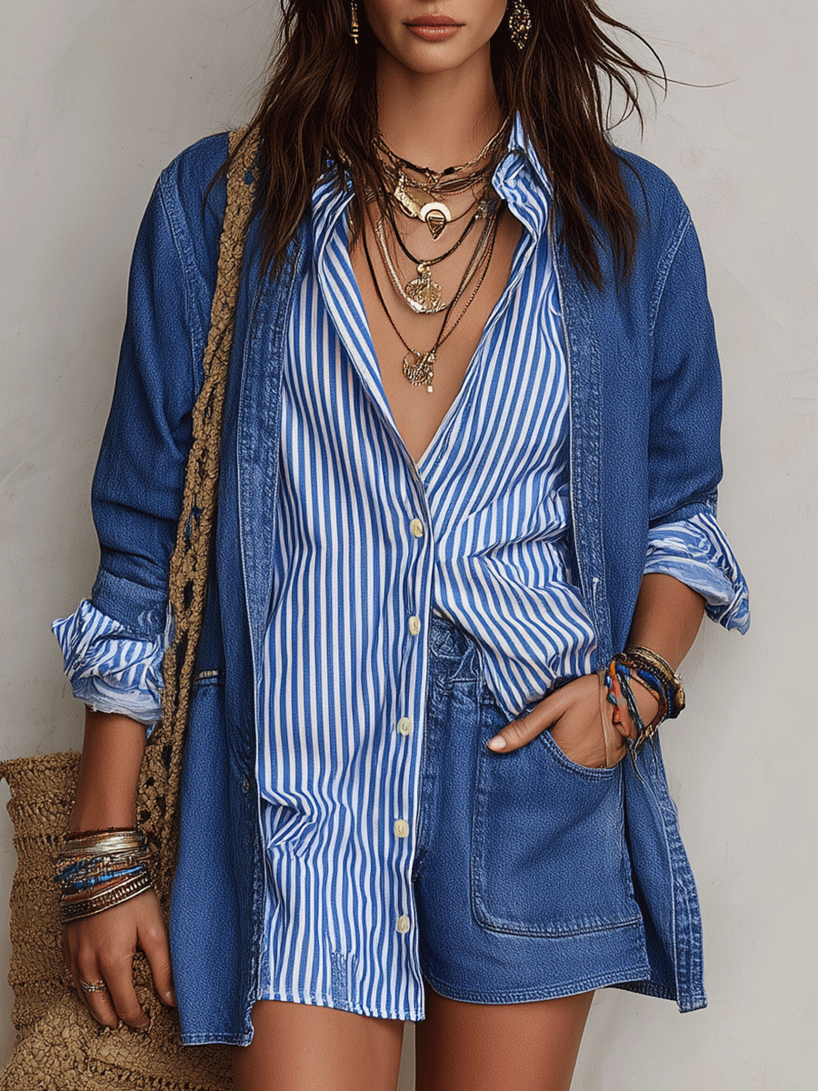 Chic Cotton Denim Oversized Blue Shirt Jacket