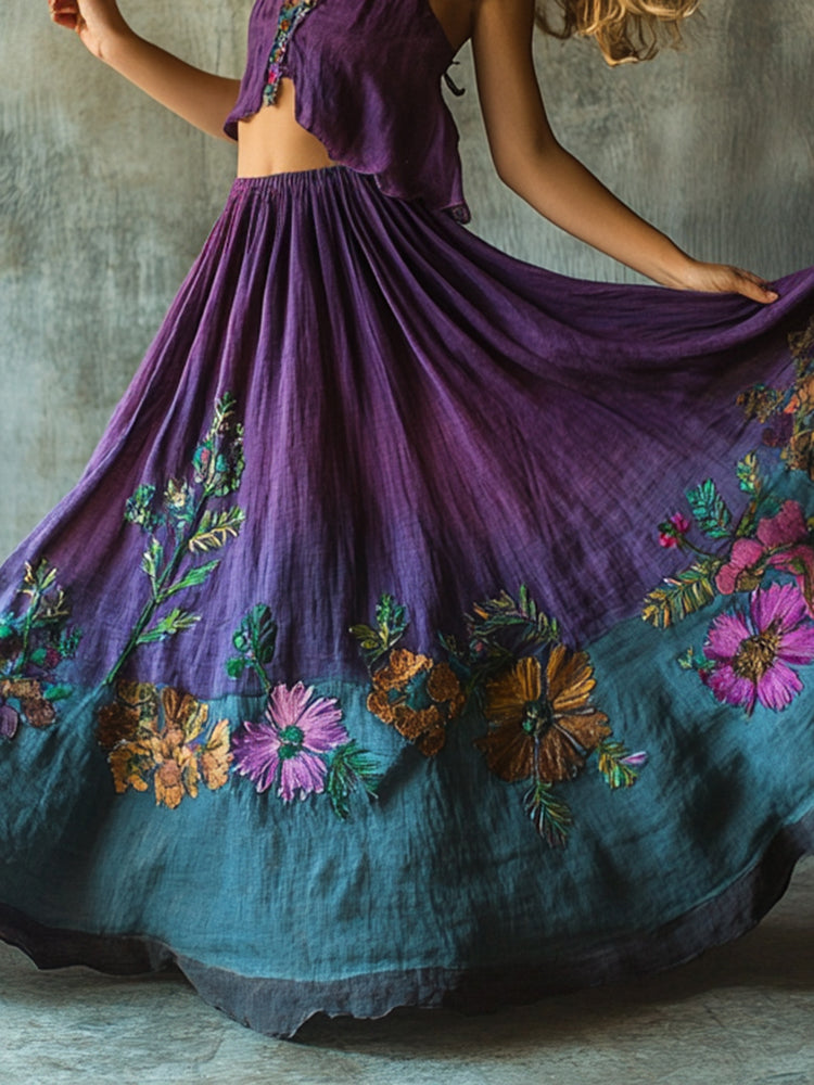 Vintage Floral Embroidered Gradient Pattern Art Linen Blend Skirt