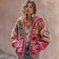 Women's Vintage Bohemian Floral Embroidery Patchwork Art Zipper Knit Hooded Sweater
