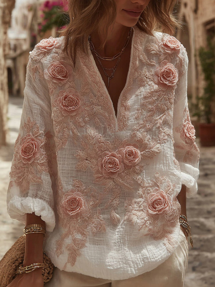 Women's Rose Floral Embroidery Linen V-neck T-shirt