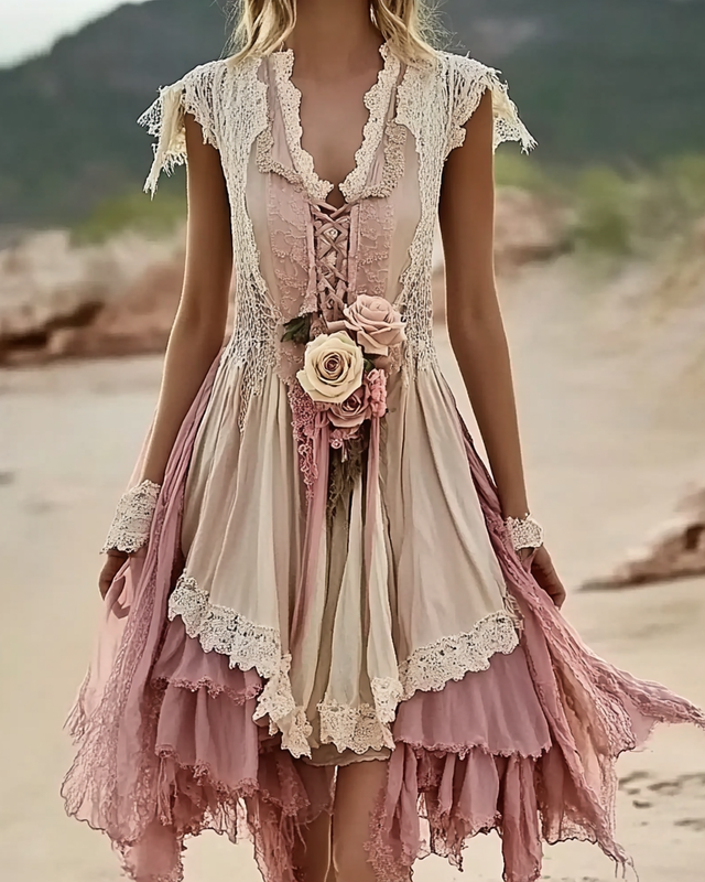 Summer vacation stitching lace dress 423d