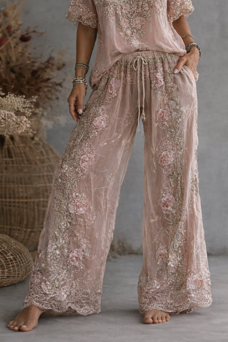 Floral Embroidered V-Neck Top High Waist Wide Leg Pants Two Piece Set
