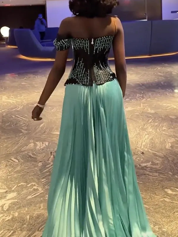 Sexy U-neck One-shoulder Rhinestone Asymmetric Cutout Formal Maxi Dress