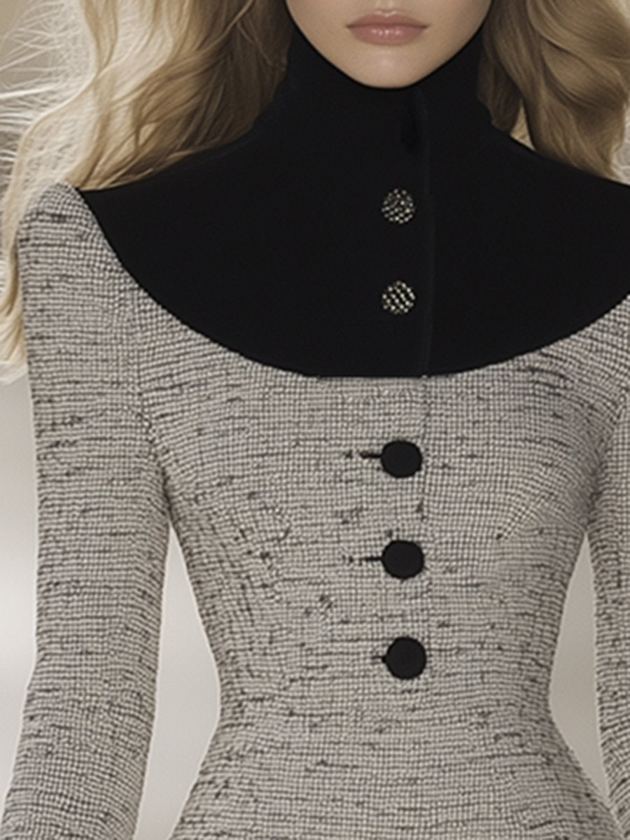 [24-hour shipping out]Retro Elegant Fashionable Stitching Velvet High Collar Tweed Midi Dress