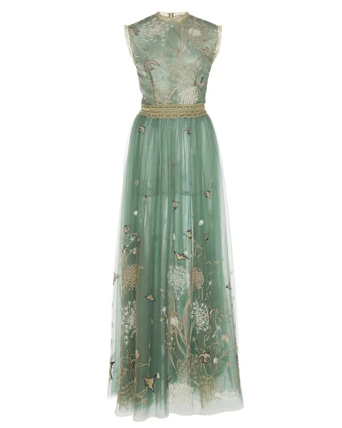 Nature Embroidered Mesh Dress Gown - 01