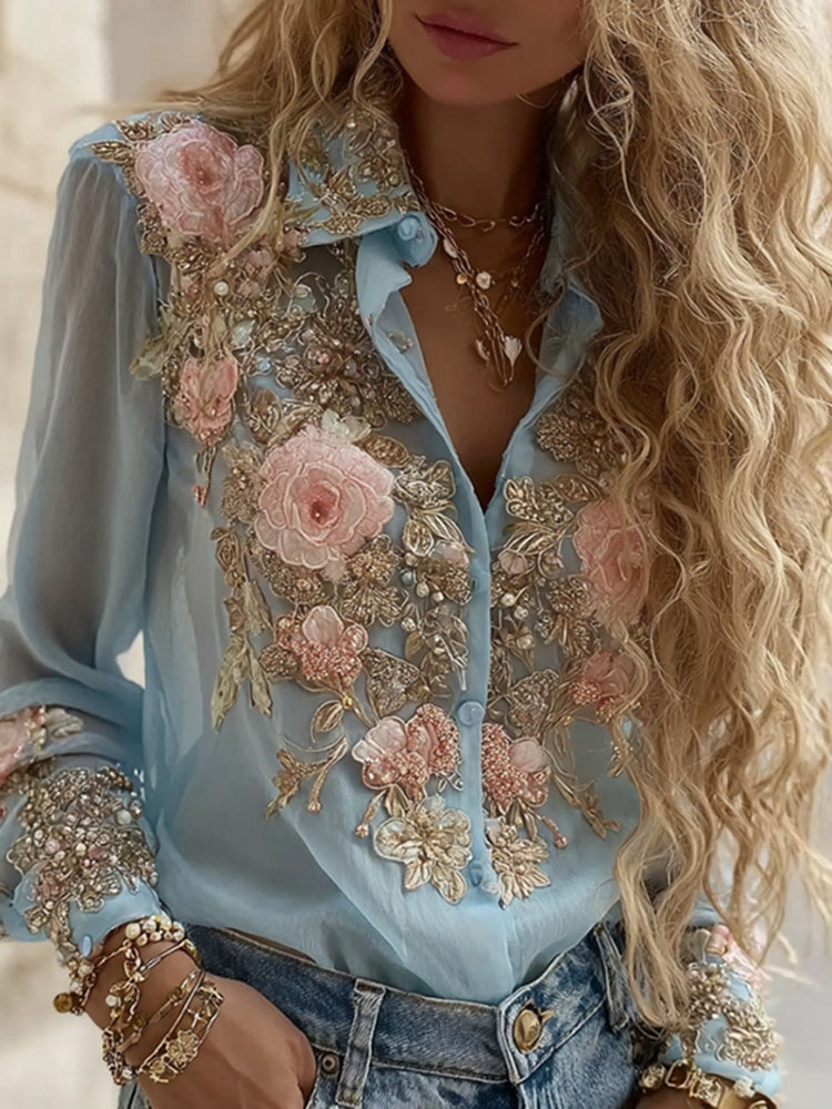 Women's Vintage Floral Embroidery Linen Shirt