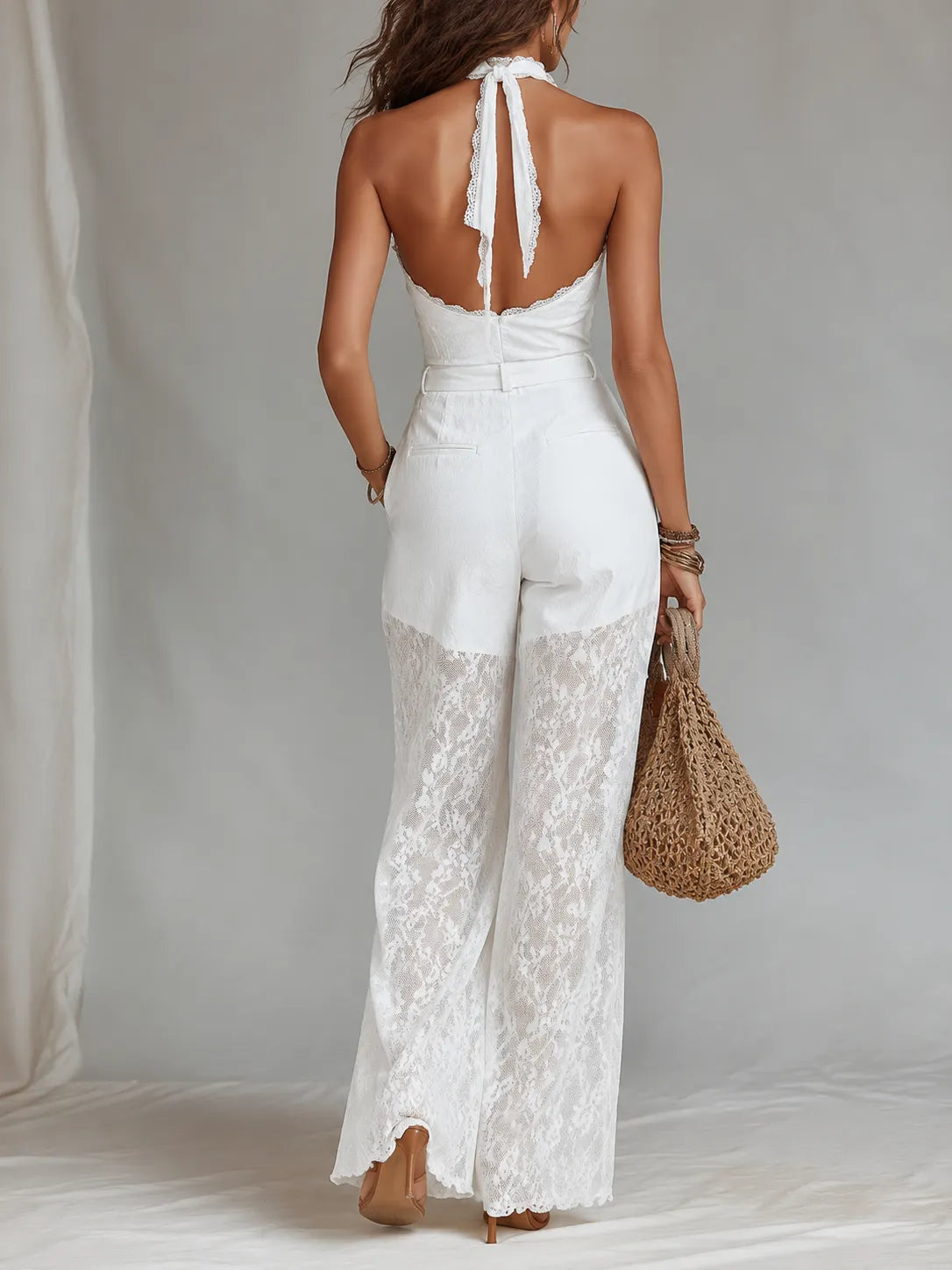 Bohemian-style Set: Lace-trimmed Spaghetti Strap Camisole And Lace-paneled Wide-leg Pants