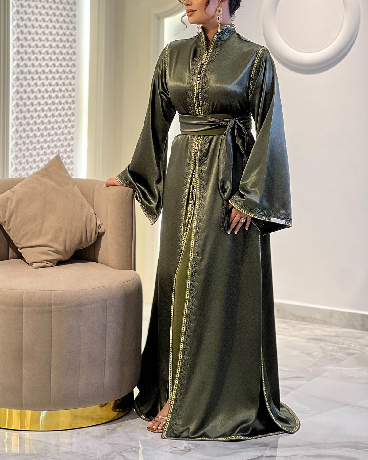 Women's Long Sleeve Satin Slit Kaftan Dress