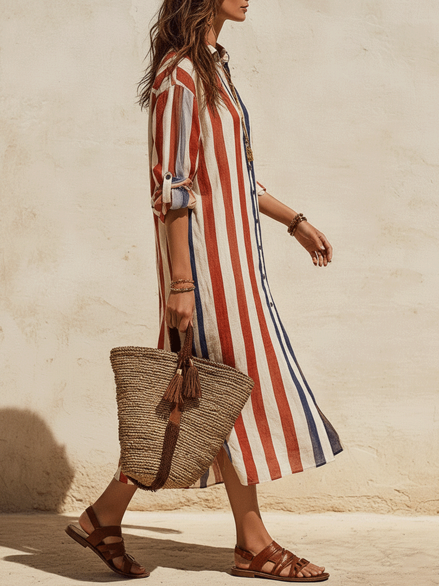 Casual Chic Coastal Breeze Lightweight Patriotic Stripe Midi Dress