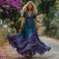 Women's Vintage Purple Roses Floral Embroidery Linen Short Sleeve Dress