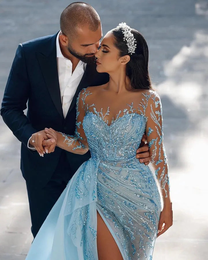 Daisda Stunning Sky Blue Long Sleeves Evening Dress Mermaid Split Long With Ruffles Beads