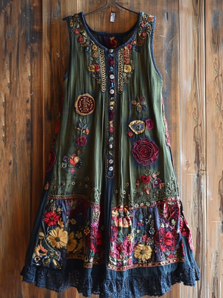 Vintage Floral Lace Patchwork Art Comfy Sleeveless Dress