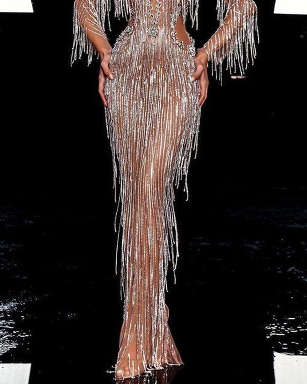 Luxe Gold Crystal Rhinestone Sequined Tassel Mini Dress