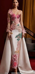 Beautiful Applique Floral Long Sleeves See-through Tulle Mermaid Long Prom Evening Dress