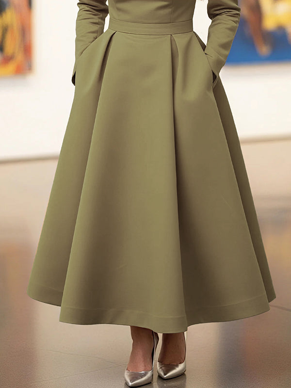 A-Line High Waisted Pleated Pockets Solid Color V-Neck Maxi Dresses