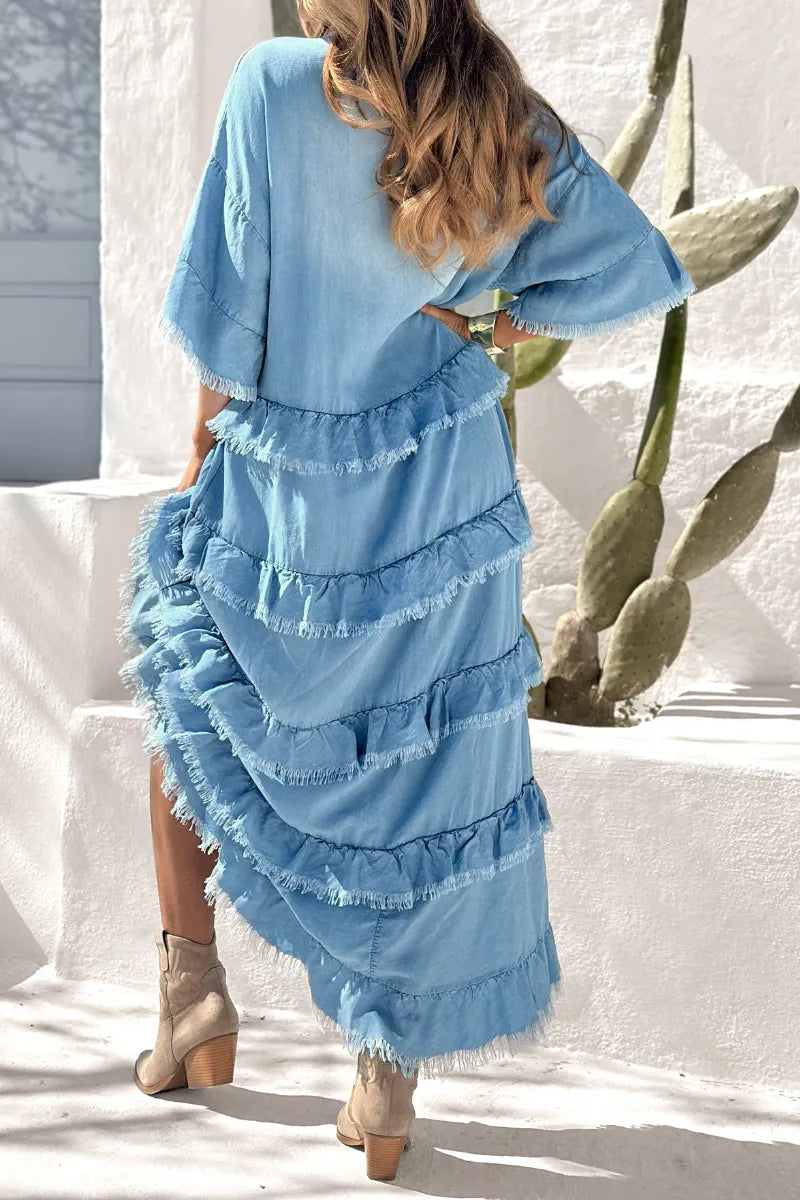 Blue Fringe Tiered Denim Maxi Dress