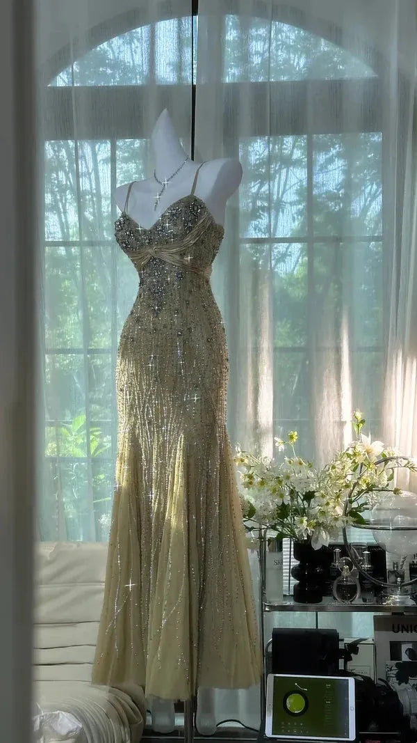 Gold Grass Green Vintage Beading Long Elegant Chiffon Homecoming Dress Ball Dress Evening Dress Birthday Party Dress Date Dress Prom Dress