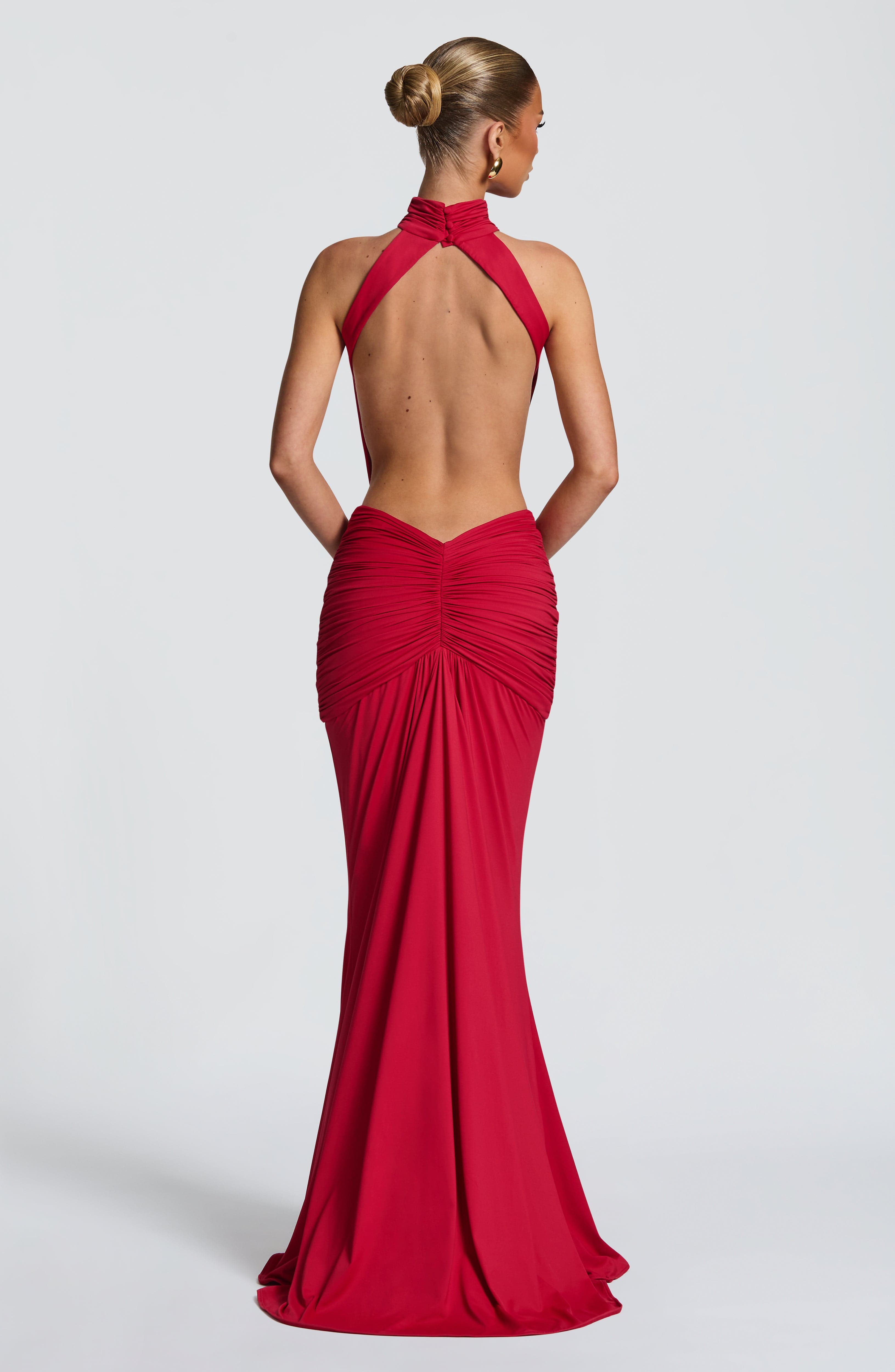 Red Halter Neck Cutout Backless Mermaid Maxi Dress