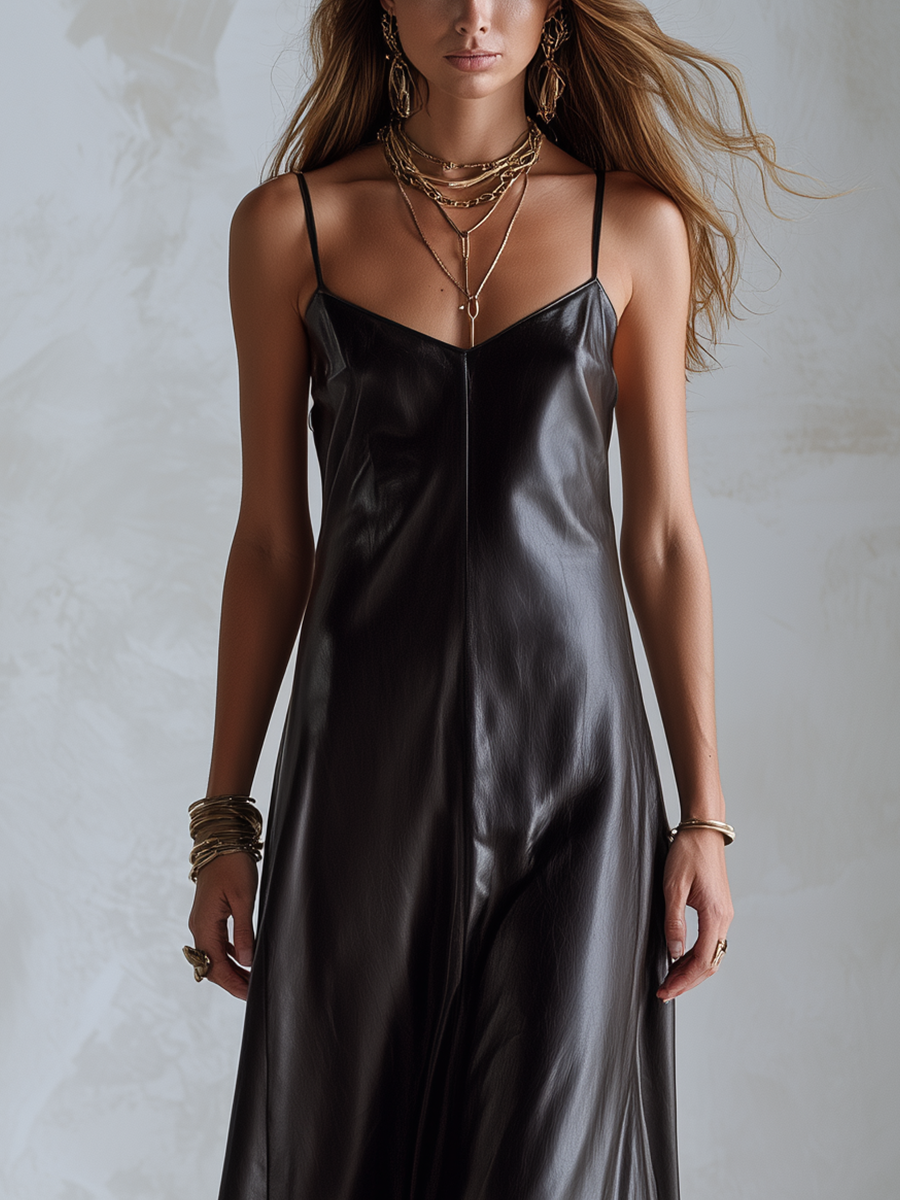 Bohemian Black PU Leather Lace Maxi Dress